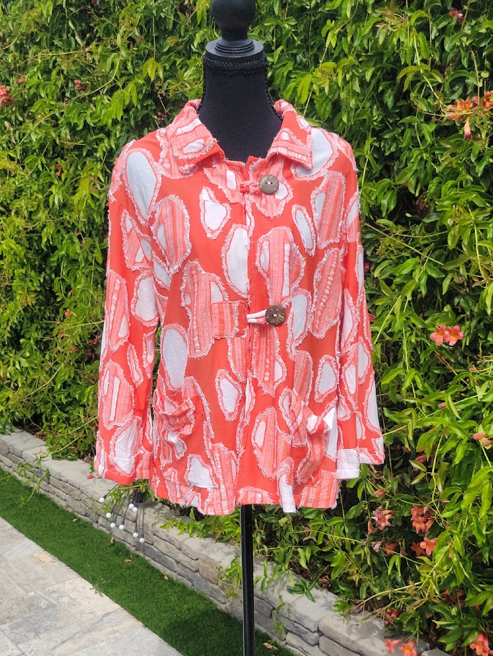 Coral and White Patchwork Patterned Blazer/ Jacket Top